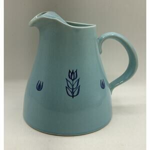 Cronin Pottery 1950s Stoneware Blue Tulip Water Pitcher with Ice Lip USA